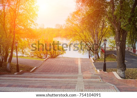 Stairs to the embankment in yellow leaves. Steps in the autumn