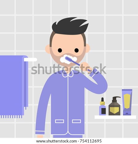 Oral care. Daily routine. Young character brushing teeth in front of mirror in a bathroom. Domestic life. Morning hygiene. Flat vector illustration, clip art. Bathroom interior. Healthy habits.