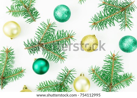 Pattern of winter trees and Christmas balls on white background. New year composition. Flat lay, top view