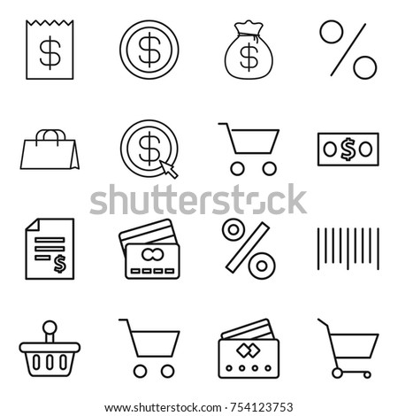 thin line icon set : receipt, dollar, money bag, percent, shopping, arrow, cart, account balance, credit card, bar code, basket
