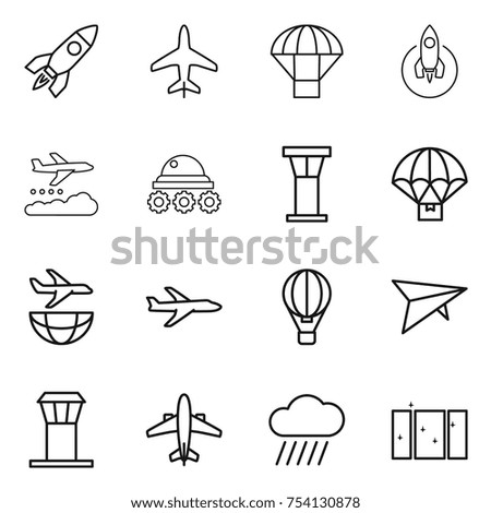 thin line icon set : rocket, plane, parachute, weather management, lunar rover, airport tower, delivery, shipping, air ballon, deltaplane, airplane, rain cloud, clean window