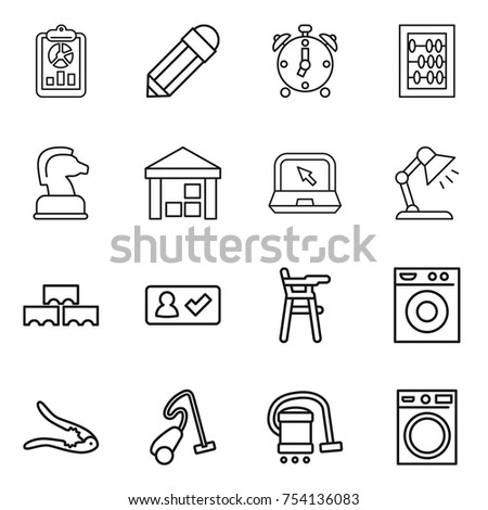 thin line icon set : report, pencil, alarm clock, abacus, chess horse, warehouse, notebook, table lamp, block wall, check in, Chair for babies, washing machine, walnut crack, vacuum cleaner
