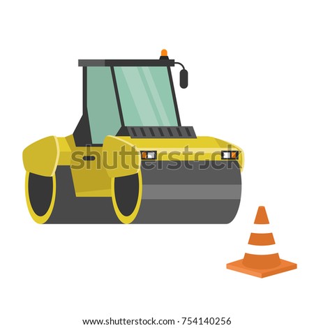 Asphalt paver. Yellow machine and orange cone. Construction work. Road works. Flat editable vector illustration, clip art. Vector cartoon. No people. Industry.