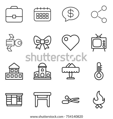 thin line icon set : portfolio, calendar, money message, molecule, satellite, bow, heart, tv, cottage, mansion, restaurant, thermometer, wardrobe, stool, scissors, fire