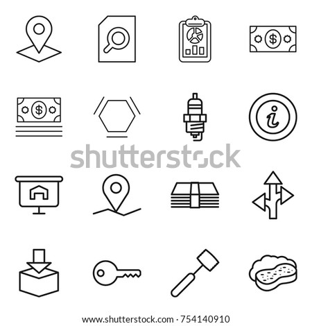 thin line icon set : pointer, search document, report, money, hex molecule, spark plug, info, presentation, geo pin, route, package, key, meat hammer, sponge with foam