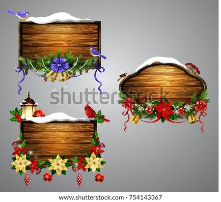 Vector realistic illustration of wooden christmas board set with christmas tree Cardinal and tomtit birds and decorations