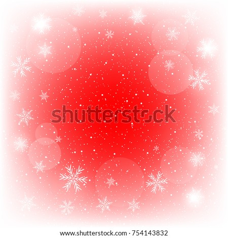 Falling glowing magic snowflakes on red Christmas background. Glow circle bokeh and snow fall backdrop. Vector Illustration.