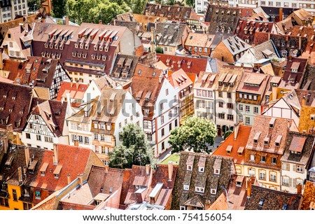 Aerial cityscape view on the old town of Strasbourg city in France