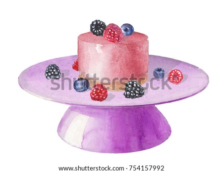 Watercolor dessert with berries on stand