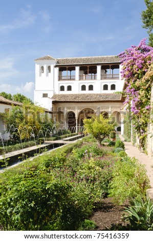 The "Patio de la Acequia", inside the Generalife gardens, part of the Alhambra complex in Granada, Spain