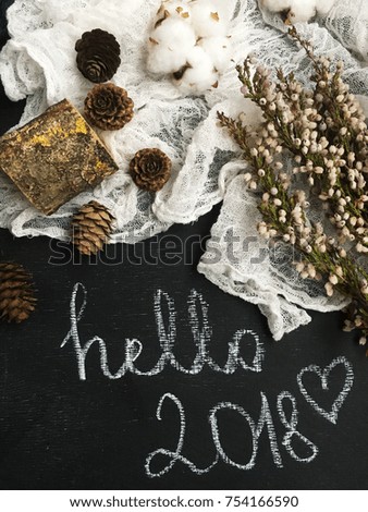 Hello 2018. 2018 text on chalkboard with natural decorations. Christmas 2018