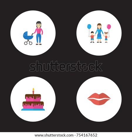 Happy Mother's Day Flat Icon Layout Design With Kiss, Stroller And Pastry Symbols. Lovely Mom Beautiful Feminine Design For Social, Web And Print.