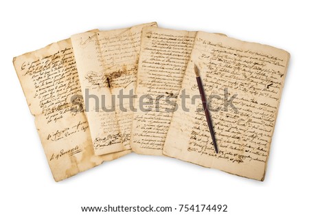 Pile of old vintage manuscripts with nib  isolated on white Royalty-Free Stock Photo #754174492