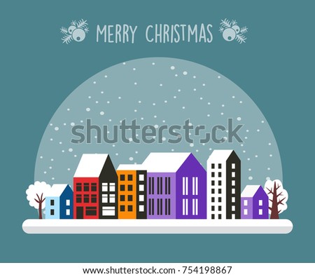 Night Christmas City Snowy with houses and street. Urban village decorated design winter landscape. Xmas snowfall Happy Holidays illustration. Decorative flat cartoon banner.