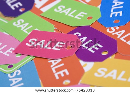 Sales, lots of colorful labels lying on the surface
