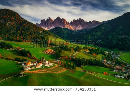Santa Maddalena village in front of the Geisler or Odle Dolomites Group, Val di Funes, Trentino Alto Adige, Italy, Europe.