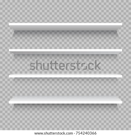 Empty white shop shelf, retail shelves from plywood frame. Realistic vector bookshelf rectangle, 3d store wall display illustration on checkered background Royalty-Free Stock Photo #754240366