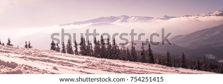 Winter mountains landscape outdoor background. Blue Nature snowy panorama. Long banner format.