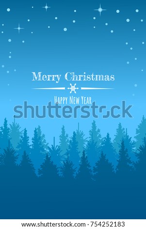 Vector winter night starry sky,  snowfall and forest background.Christmas Winter Landscape perfect for cards, prints, flyers, banners, invitations.