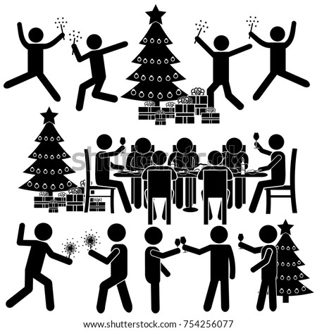 Christmas & New Year Celebrating with Group. Corporate Party Concept. Stick Fiure Pictogram Icon 