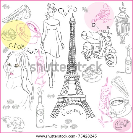 Hand drawn collection of symbols of Paris