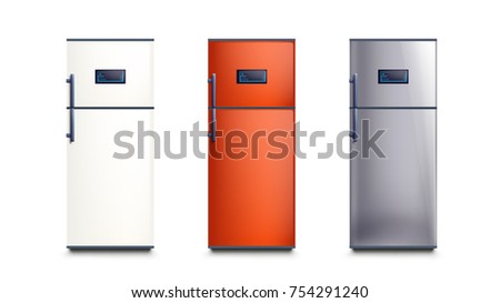 three different color fridges