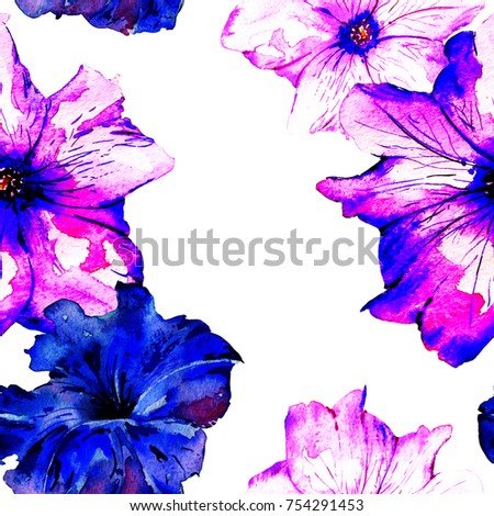 Watercolor bright wonderful wild exotic tropical petunia flowers.Seamless pattern.Colorful free design wallpaper.Fasion fabric textile print.Decoration.Blue,pink,rose,greenred,violet,purple petals.