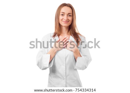 Beautician woman doctor in white lab coat on white background isolation