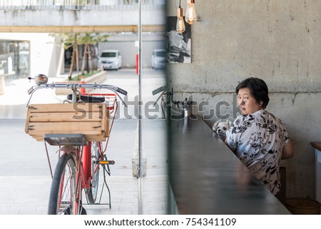 Asian women and dog so cute mixed breed with Shih-Tzu, Pomeranian and Poodle in coffee shop cafe with a red bicycle vintage style