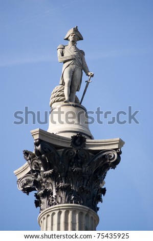 Statue of Admiral, Lord Nelson (1758-1805) on top of Nelson's Column in Trafalgar Square, Westminster, Central London. The naval hero was killed during the Battle of Trafalgar which his forces won.