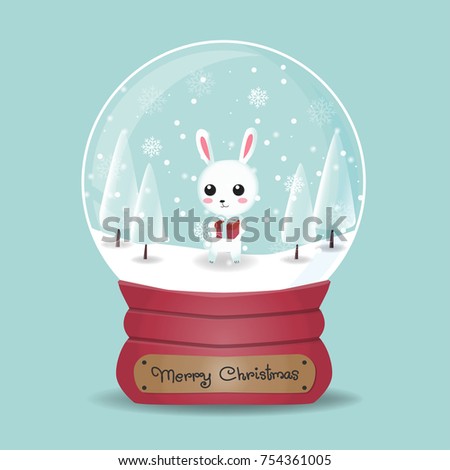 Snow globe with cute rabbit delivering gifts. Christmas card. Vector illustration