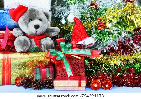 Christmas decorations with teddy doll and gift
