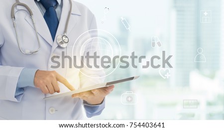 medical technology global network. doctor using digital tablet with medicine connect technology icon.