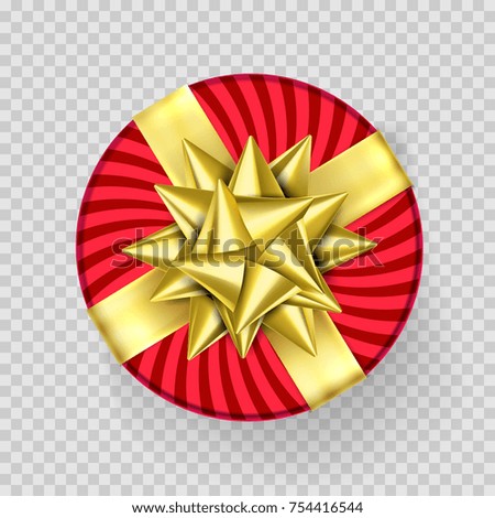 Christmas gift box red present in golden ribbon bow and wrapping paper wave pattern. Vector round gift box isolated on transparent background for Birthday or Christmas New Year Holiday greeting card.