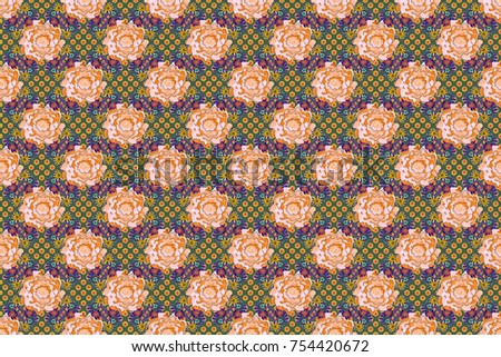 Embroidery seamless floral pattern with abstract flowers. Raster traditional embroidered sketch with flowers in green, neutral and orange colors for clothing design.