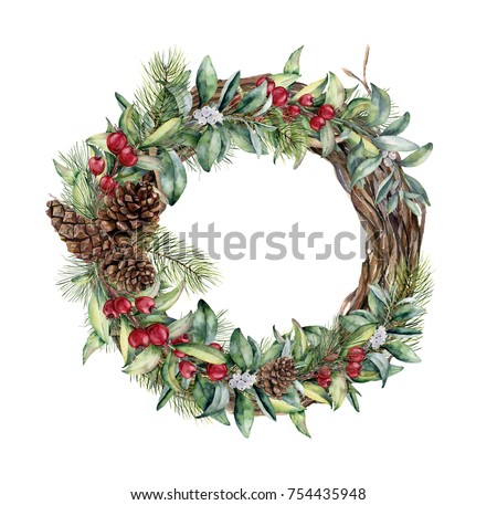 Watercolor winter wreath. Hand painted tree wreath with floral branches, berries, leaves and pine cones isolated on white background. Holiday print. Christmas clip art