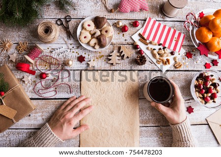 Christmas composition on a vintage wooden background. Flat lay. Copy space.