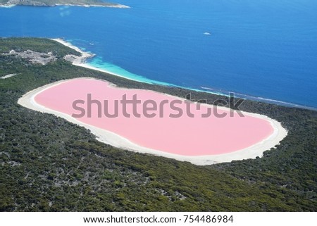 Lake Hillier, Western Australia: Amazing pink lake, natural landmark of Australia, in Middle Island, Recherche Archipelago Nature Reserve, near Esperance. Royalty-Free Stock Photo #754486984