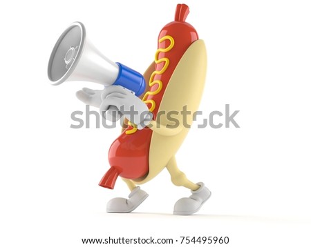 Hot dog character speaking through a megaphone isolated on white background. 3d illustration