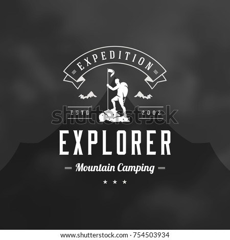 Climber logo emblem vector illustration. Outdoor adventure expedition, mountaineer man silhouette shirt, print stamp. Vintage typography badge design.