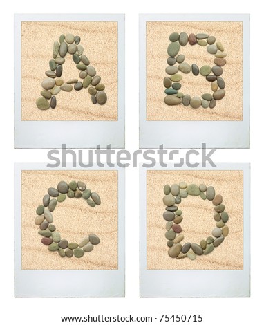 Alphabet. Picture Frames featuring characters from sea stones in the sand. Four letters.