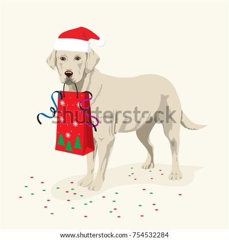 Dog labrador in santa claus cap holding a gift bag in his mouth, a symbol of the new year and christmas, cartoon vector illustration.