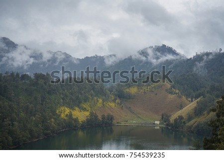 Amazing view of camping site in Ranu Kumbolo Lake in Mount Semeru Malang