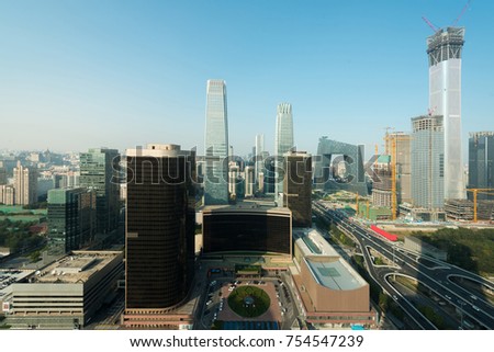 High angle view of Beijing Central Business District  skyscrapers building at sunset in Beijing ,China. Asia tourism, modern city life, or business finance and economy concept