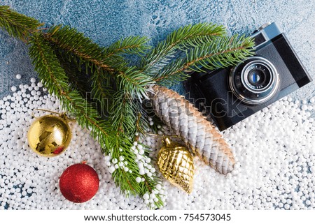 Fir tree branch with old film camera on vintage background
