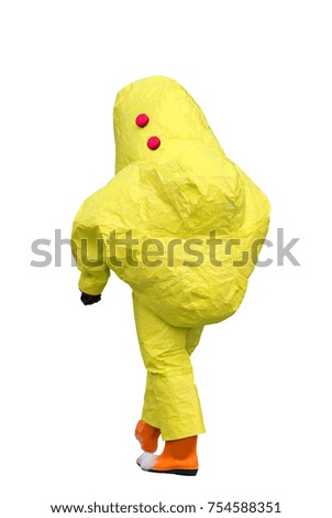 man with yellow protective suit against biological and chemical risk and white background