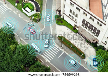 Digital transformation Trends in automotive industry. Smart car , Autonomous self-driving mode vehicle on metro city road iot concept with graphic sensor radar signal system , internet sensor.
