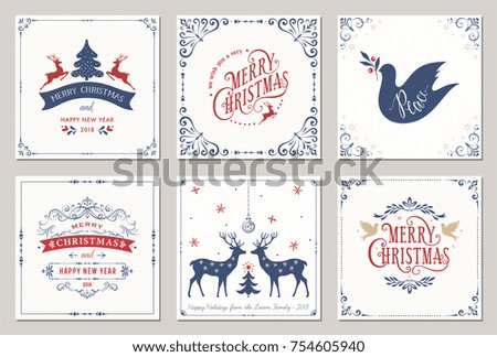 Ornate square winter holidays greeting cards with New Year tree, reindeers, Christmas ornaments, Peace Doves, swirl frames and typographic design. Vector illustration.