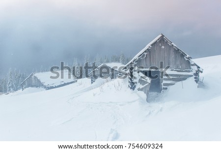 Cabin in the mountains in winter. Mysterious fog. In anticipation of holidays. Carpathians. Ukraine, Europe.