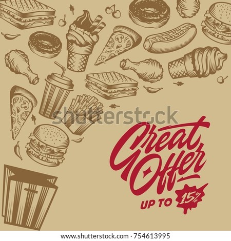 Vector vintage fast food special offer. Hand drawn junk food frame illustration.